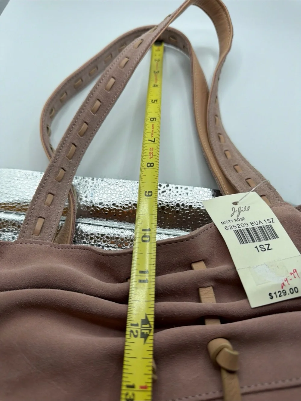 J Jill Suede Drawstring Shoulder Bag Taupe Pink Leather Trim Hobo Tote NWT